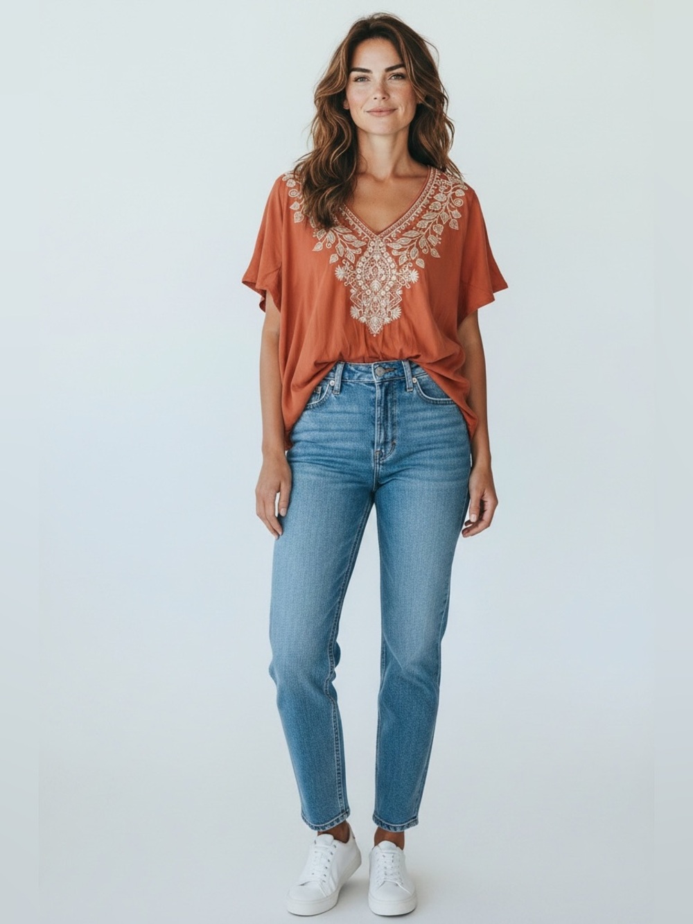 Jonny Was Embroidered Rust V-Neck Short Sleeve Tunic